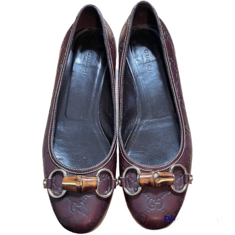 Gucci Guccissima Brown Leather Logo Ballet Flat Gold Tone Horsebit Bamboo Accent